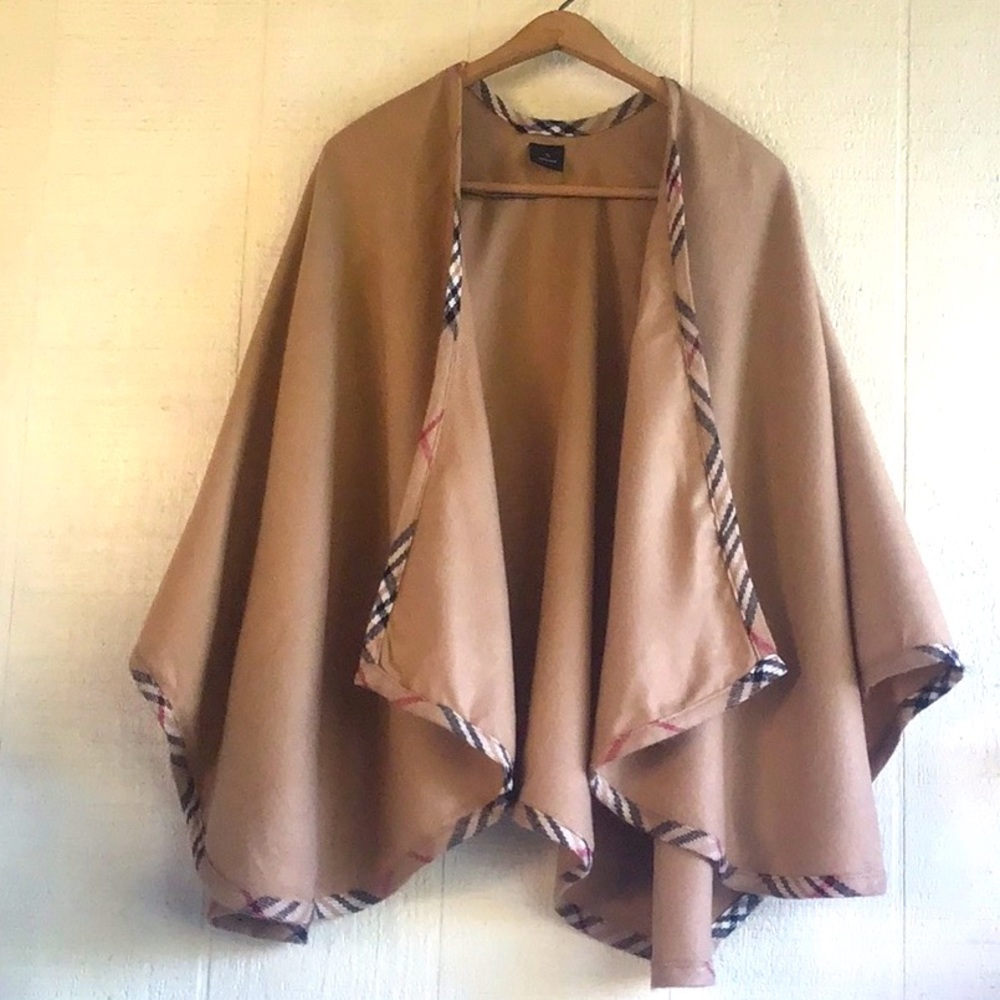 Plaid trim kimono poncho